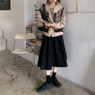 Plain Blouse / Midi A-line Skirt / Knit Vest