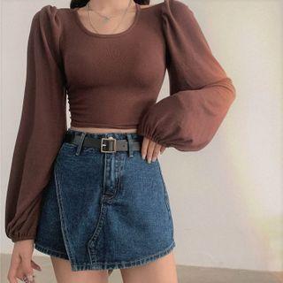 Puff-sleeve Lace-up Back Blouse/ Denim Shorts