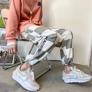 Checkerboard Print Drawstring-cuff Crop Sweatpants