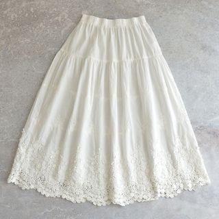 High-waist Lace Panel Embroidered Flower A-line Skirt White - One Size