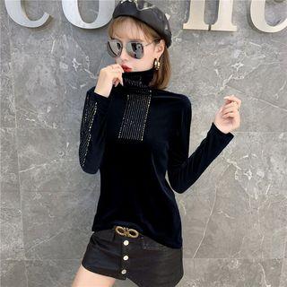 Embellished Mock-turtleneck Long-sleeve Velvet Top