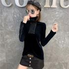 Embellished Mock-turtleneck Long-sleeve Velvet Top