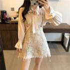 Bow Accent Long-sleeve Blouse / Tweed Suspender Mini A-line Skirt