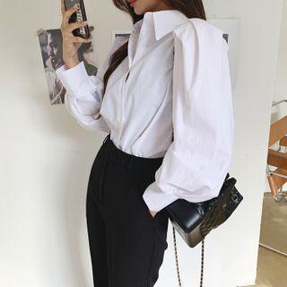 Plain Puff-sleeve Cotton Shirt