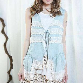 Tie-front Lace-trim Denim Vest