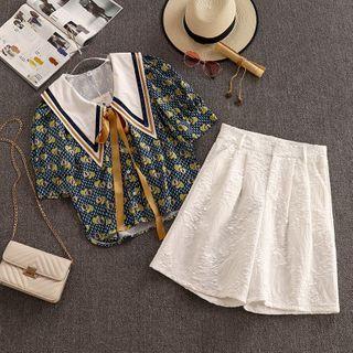 Set: Balloon-sleeve Avocado Print Blouse + Shorts