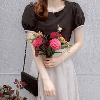 Square-neck Puff-sleeve Top Black - One Size