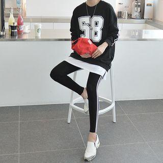 Set: Layered-hem Letter Print Top + Pipe-trim Leggings