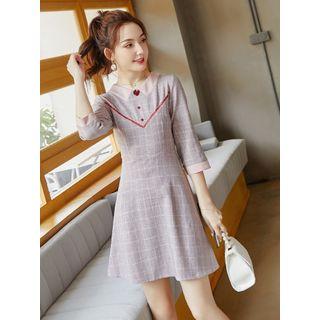 3/4-sleeve Plaid Mini A-line Dress