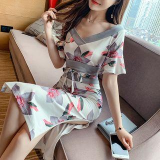 Bell-sleeve Floral Midi Sheath Dress