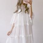 Set: Flower Trim Elbow-sleeve Mesh Dress + Slipdress