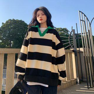 V-neck Striped Loose-fit Sweatshirt Navy Blue - One Size