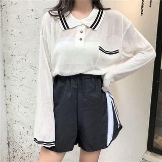 Color-block Loose-fit Knit Polo-shirt / Color-block High-waist Shorts