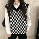 Plaid V-neck Knit Vest Black & White - One Size