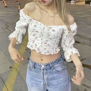 Floral Print Off Shoulder Drawstring Top