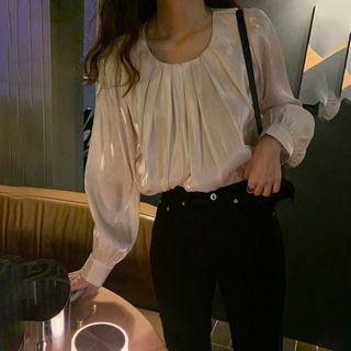 Long-sleeve Shirred Blouse Almond - One Size