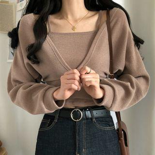 Set: Long-sleeve Off-shoulder Open-back Crop Top + Camisole Top