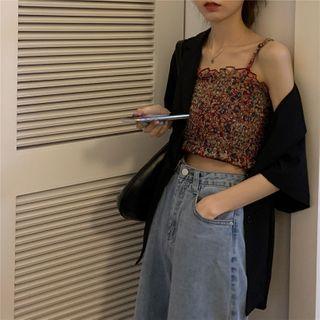 Floral Print Ruffled Cropped Camisole Top / Short-sleeve Blazer