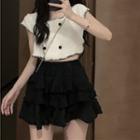 Short-sleeve Knit Crop Top / Layered Mini A-line Skirt