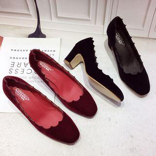 Scalloped Edge Velvet Block Heel Pumps