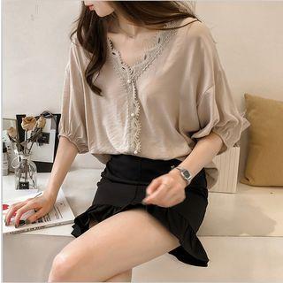 Lace Trim Beaded V-neck Blouse