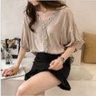 Lace Trim Beaded V-neck Blouse