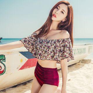 Set: Off-shoulder Short-sleeve Floral Print Swim Top + Swim Bottom