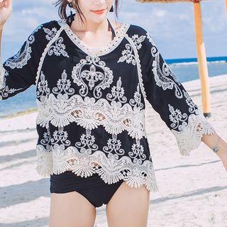 3/4 Sleeve Loose-fit Lace Top Black - One Size