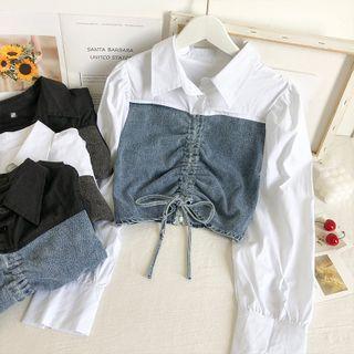 Patchwork Drawstring Crop Blouse