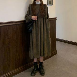Plain Corduroy Long-sleeve Midi A-line Dress