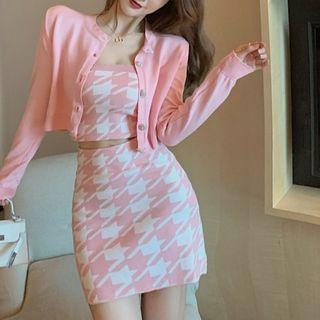 Set: Cardigan + Houndstooth Top + Mini Skirt