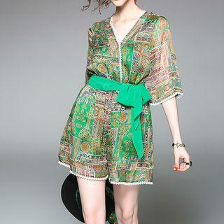 Printed V-neck Elbow-sleeve Playsuit