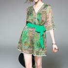 Printed V-neck Elbow-sleeve Playsuit