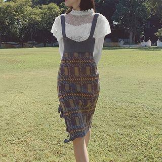 Lace Panel Long-sleeve Top / Ruffle Trim Knitted Suspender Skirt / Set