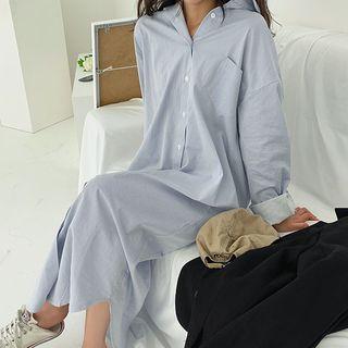 Pocket-front Striped Long Shirtdress