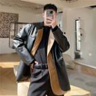 Mock Two-piece Faux Leather Double Breasted Blazer