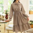 Plaid Long-sleeve A-line Dress / Knit Vest / Set