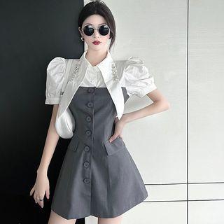 Mock Two-piece Puff-sleeve Rhinestone Dress