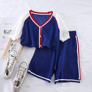 Set: V-neck Knit Top + High-waist Shorts