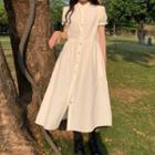 Short-sleeve Button Midi A-line Dress White - One Size
