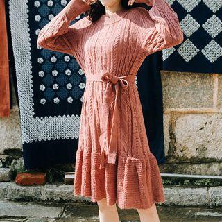 Long-sleeve Cable Knit A-line Dress