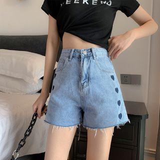 Heart Embroidered Denim Wide-leg Shorts