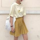 Set: Fruit Embroidered Short-sleeve T-shirt + Plaid Pleated Skirt