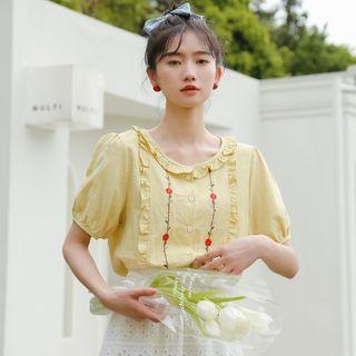 Puff-sleeve Floral Embroidered Ruffle Trim Blouse