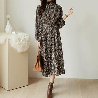 Frilled-neck Tie-waist Floral Dress