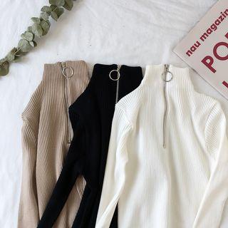 Zip-detail Ribbed Long-sleeve Knit Top