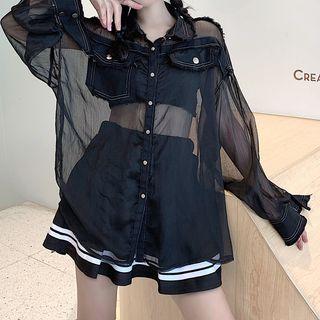 Denim Panel Mesh Long Sleeve Blouse