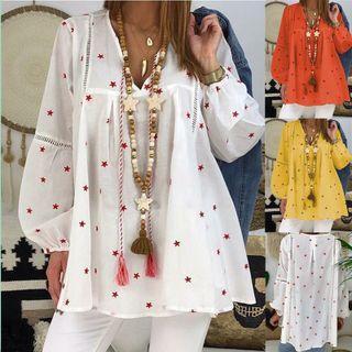 Long-sleeve Star Print V-neck Blouse