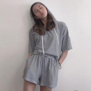 Sports Set: Short-sleeve Striped Hoodie + Shorts