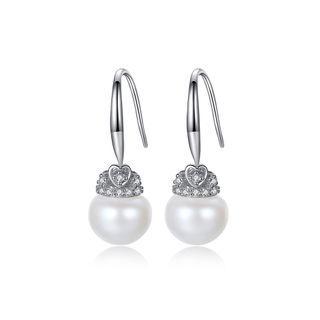 Sterling Silver Fashion And Elegant Heart-shaped White Freshwater Pearl Earrings With Cubic Zirconia Silver - One Size